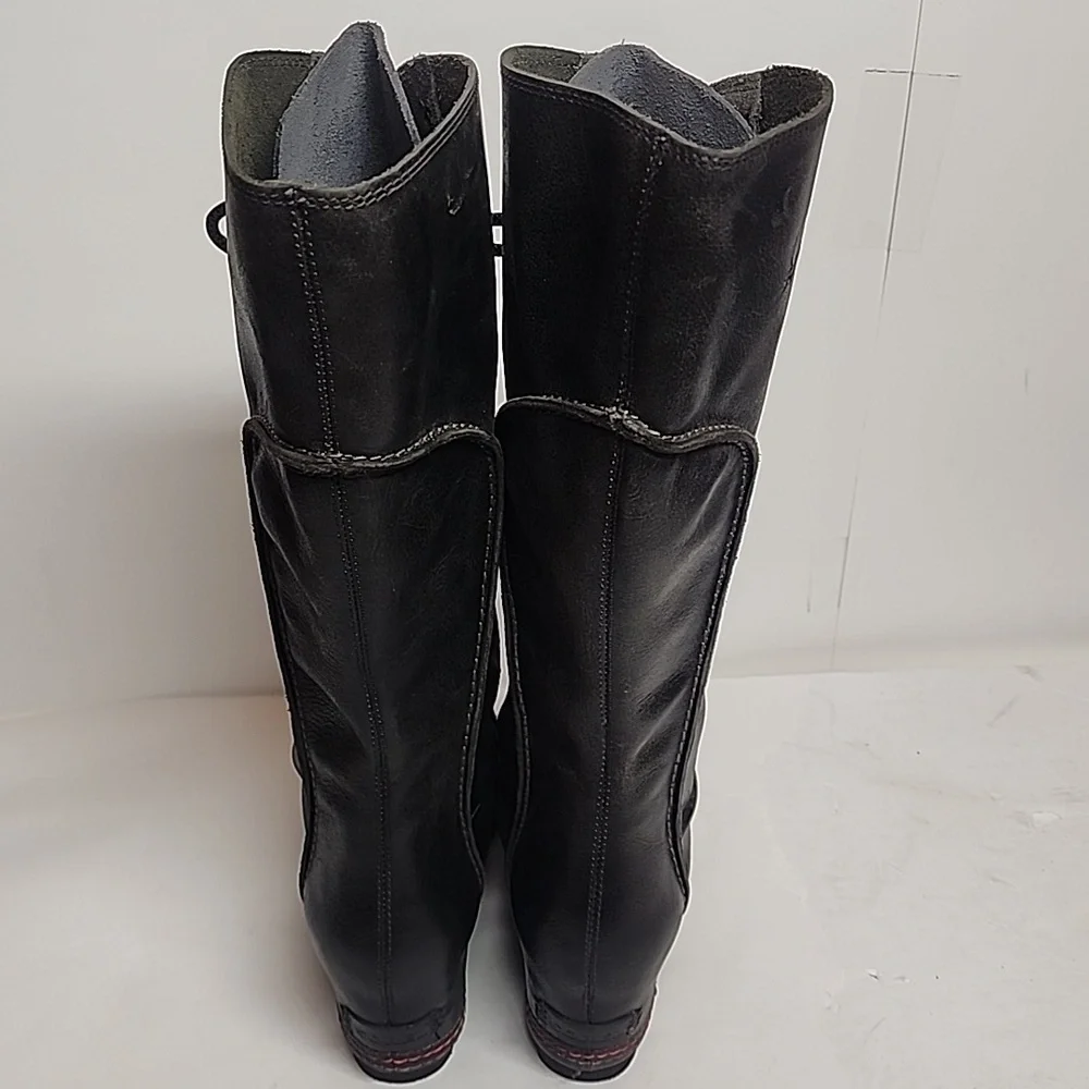 Sorel Cate The Great Sz8.5  Black Gray Olive Lace-up Tall 3.5 Hidden Wedge Boots - Picture 9 of 12